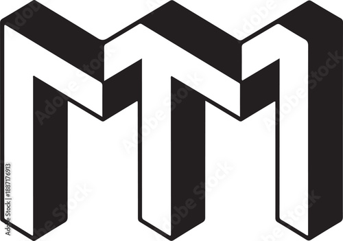 Isometric black and white letter M with 3 D perspective and geometric