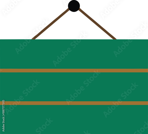 Stylized green hanging signboard with brown stripes and black hook for signage, branding, storefront, and announcement-themed design projects