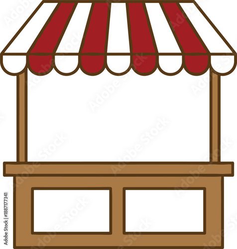 Stylized market stall with red-and-white striped canopy, brown frame, and windowed base for commerce, fair, and small business-themed design projects
