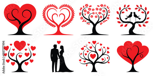 Black and red romantic tree silhouettes vector set depicting love themes with heart shaped elements couples and blossoming foliage perfect for valentines day