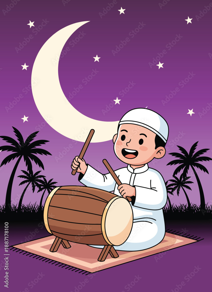Naklejka premium A happy Muslim boy playing a traditional drum under a crescent moon and stars at night, with palm trees in the background.