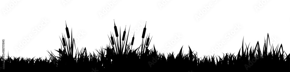 Fototapeta premium Meadow silhouette with grass, plants on plain. Panoramic summer lawn landscape with herbs, various weeds. Herbal border, frame element. Black horizontal banners. Vector illustration