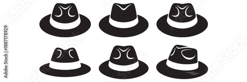 Fedora hat silhouette collection set including classic gangster style headwear vintage fashion accessories elegant masculine hats trilby headpieces retro detective apparel wardrobe items