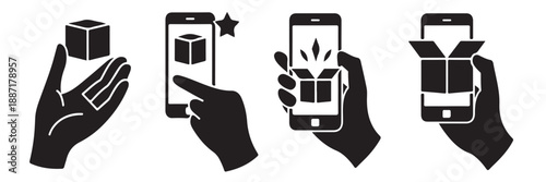 Online shopping order process vector silhouette set showing hands interacting with smartphone to purchase, receive, and unbox goods from internet store