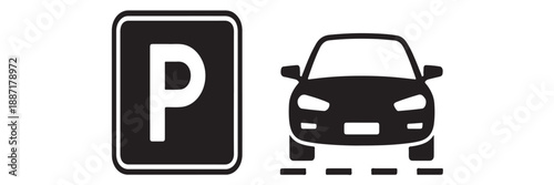 Parking sign and car silhouette on a transparent background, indicating a parking area and vehicle presence for transportation needs.