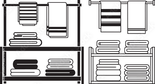 Two Sets of Folded Towels and Hanging Towels on Racks, Bathroom or Spa Icon