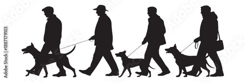 Silhouettes of men walking dogs on leashes in profile, depicting companionship and outdoor activity, on a transparent background with a clear sky.