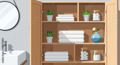 Bathroom cabinet with clean towels, plants, and toiletries