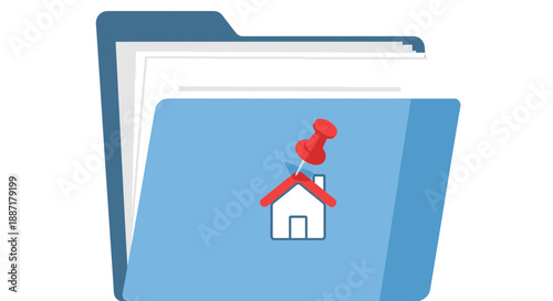 Blue Folder with House Icon and Red Pin - Real Estate Data Organization