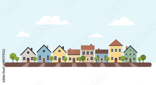 Charming Suburban Street with Colorful Houses and Green Trees