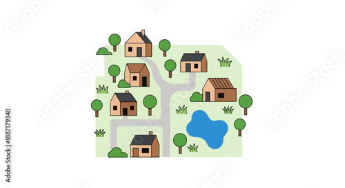 Charming Village Map Illustration with Houses, Pond, and Trees