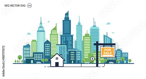 Cityscape with "For Sale" Sign and House Illustration