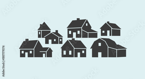 Collection of Diverse House Silhouettes on Light Blue Background