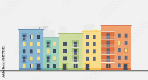 Colorful apartment buildings in a row, flat design style, urban cityscape.