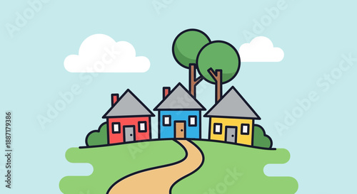 Colorful cartoon houses on green hill with trees and clouds