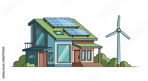 Eco-friendly house with solar panels and wind turbine, sustainable energy concept.