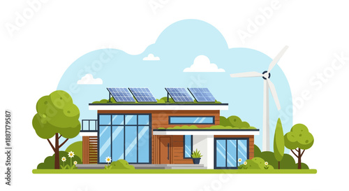 Eco-friendly house with solar panels and wind turbine, sustainable living concept