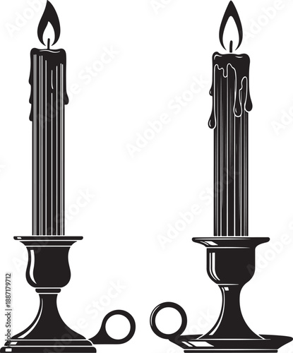Two Ornate Candlesticks with Burning Candles, Vintage Decorative Element
