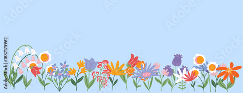 Beautiful spring banner with a row of colorful wildflowers. Simple floral design on blue background. Great for website headers, seasonal sales, and greeting cards. Vector illustration