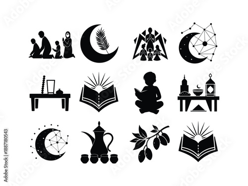 Silhouette vector illustration of Ramadan Islamic elements including Muslim family praying, moon, dates, and open Quran book