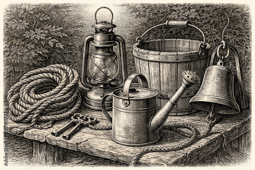 Rustic Well Tools and Farm Equipment Vintage Engraving