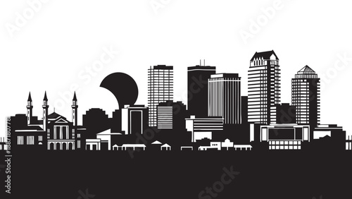 Modern city skyline with diverse architectural styles and mosque silhouette