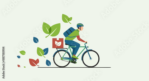Young Man Riding Bicycle with Eco Friendly Leaves and Checkmark for Sustainable Transportation