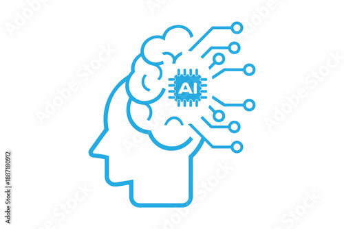 Artificial intelligence brain icon with digital circuit connections, AI technology concept, machine learning innovation, neural network illustration, smart data processing and future tech design