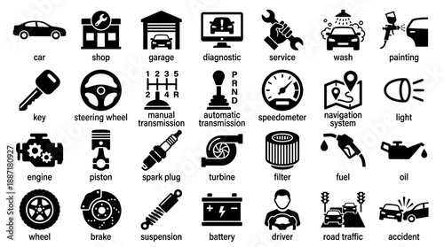 Vehicle Parts & Service Icon Set – 30 Black-and-White Labeled Vectors Featuring Car Components, Maintenance Tools, and Dashboard Symbols for Design and Education