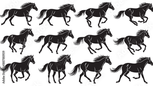 Set of galloping horse silhouettes in dynamic motion sequence