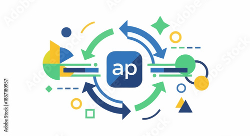 Contemporary technology concept illustrating data flow and digital communication with icons and abstract symbols in vibrant colors
