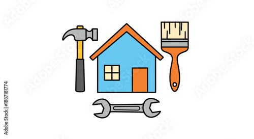House Renovation Tools: Hammer, Paintbrush, Wrench and Blue House Icon