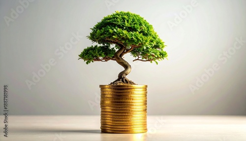 Bonsai tree growing from stack of gold coins plain background symbol of financial growth and sustainability
