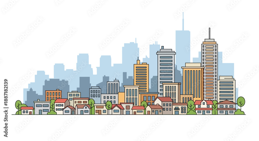 Fototapeta premium Modern Cityscape Illustration: Diverse Buildings and Skyline