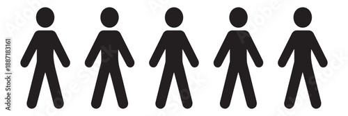 Group of identical human silhouettes standing in row representing population or team work concept with simple black figures on transparent background for infographic and business design