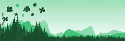 Atmospheric spring horizon illustration with silhouette of firs and lucky charms for header
