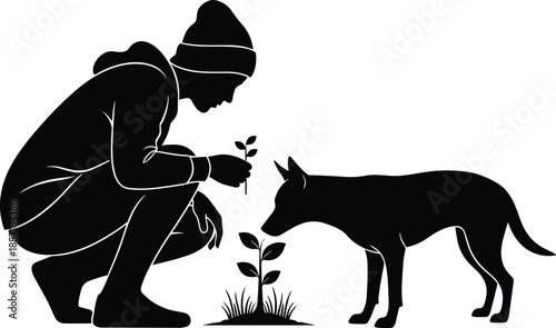 Silhouette Vector of a Person Kneeling to Plant a Seedling While a Pet Dog Sniffs the Leaves on White Background for Nature Concepts