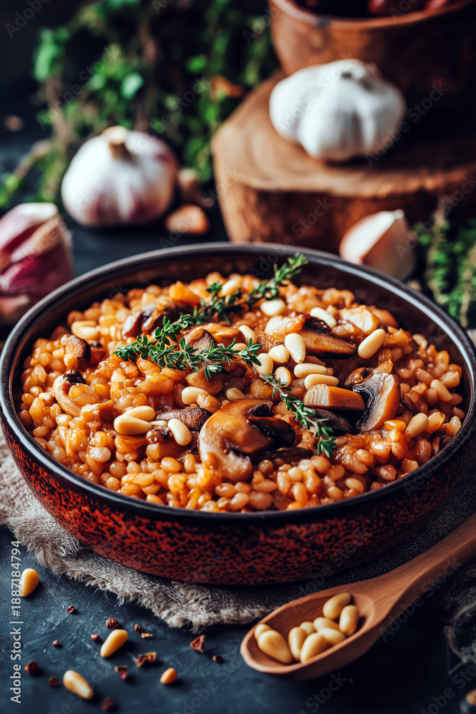 Fototapeta premium A hearty barley pilaf in a deep ceramic plate, garnished with sauteed mushrooms, fresh thyme, and toasted pine nuts
