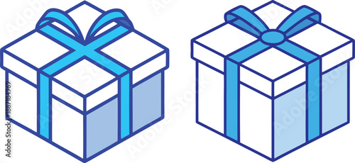 Two meticulously illustrated gift boxes featuring elegant blue ribbons, perfect for symbolizing celebrations, special occasions, or promotional giveaways, presented on a crisp white background
