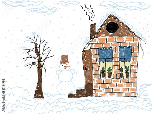 Like children like hand drawn digital illustration house tree snowman winter snowy day and lights garland festive lovely picture
