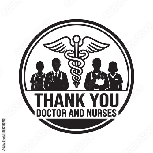 Medical thank you badge with doctors and nurses