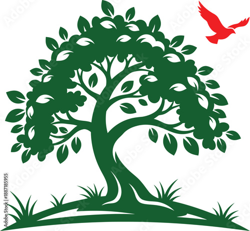 A green tree with a red bird flying overhead in a simple graphic illustration