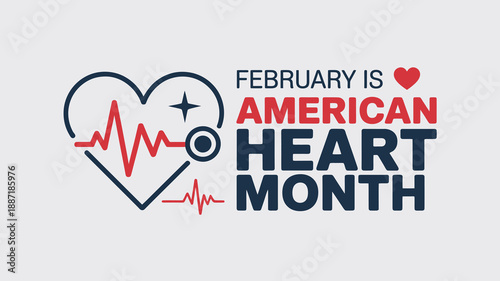 February is American Heart Month Awareness Banner with Cardiology Pulse EKG Line and Red Heart Icon, Medical Health Healthcare Campaign Graphic