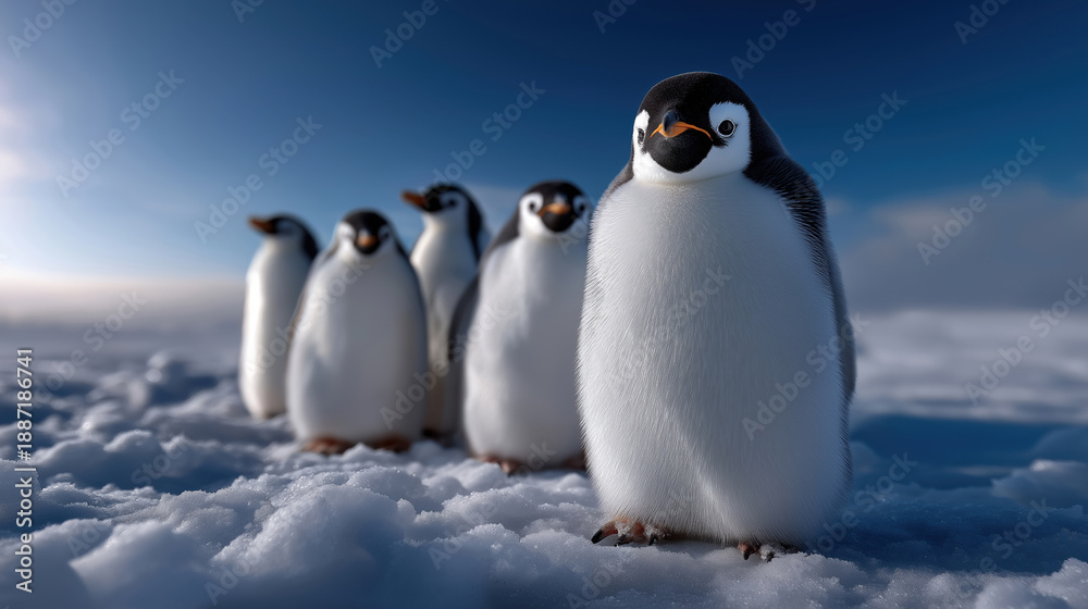 Fototapeta premium Penguins standing on snow with blue sky in the background during daytime