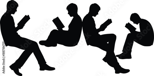 Large collection of black human silhouettes featuring diverse people in various activities including communication conflict family life reading books education 