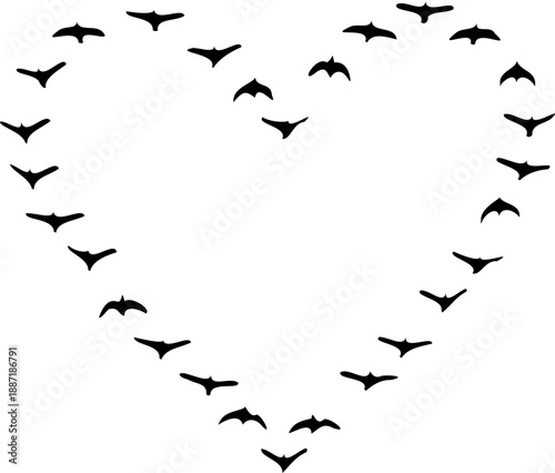 A flock of birds flying in a heart shape silhouette on transparent background