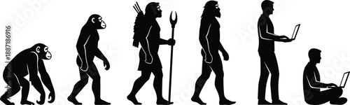 Black silhouette illustration of human evolution stages from primitive ape and caveman to modern man using laptop computer representing progress and technology growth