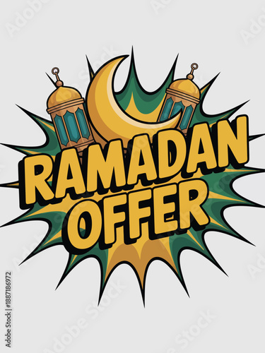 Vibrant Comic Pop Banner Featuring Ramadan Offer with Crescent Moon and Lanterns