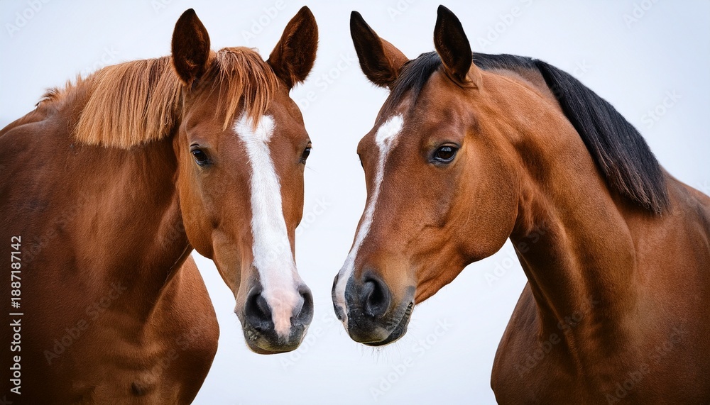 Obraz premium two brown horses with white markings on their faces are standing side by side against a plain background