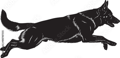 Silhouette of German Shepherd dog leaping in mid-air, showcasing agility, motion, and strength for canine action, protection, and athletic-themed design projects